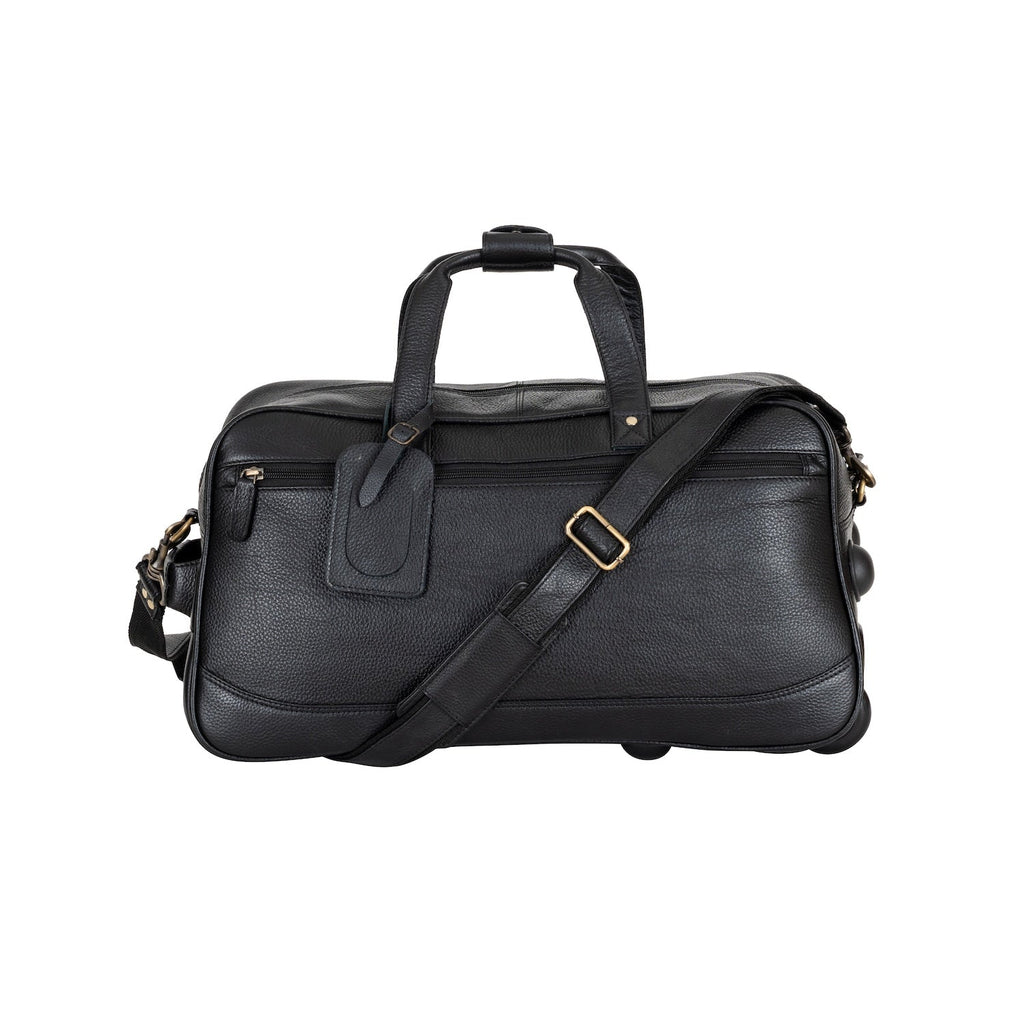 Atlas Black Leather Trolley Bag – Premium Travel Duffel with Wheels