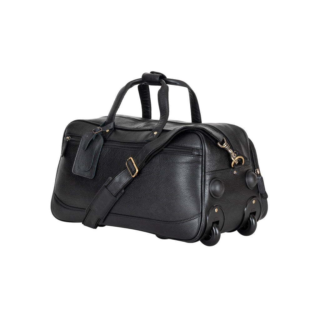 Atlas Black Leather Trolley Bag – Premium Travel Duffel with Wheels